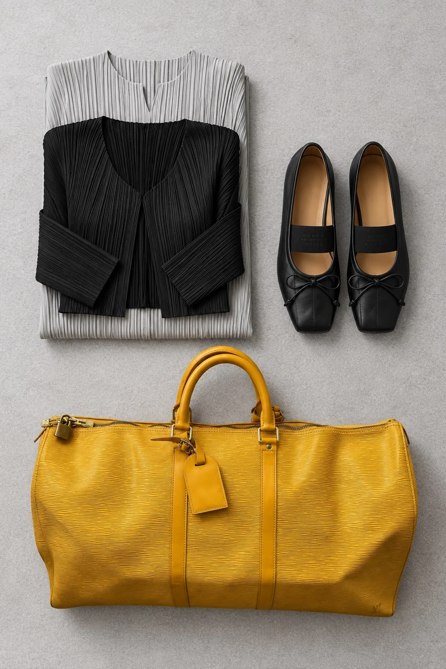 A flight to Paris. Flat lay of a grey Issey Miyake dress, a black cardigan, black MM6 ballet flats and a yellow Louis Vuitton bag.