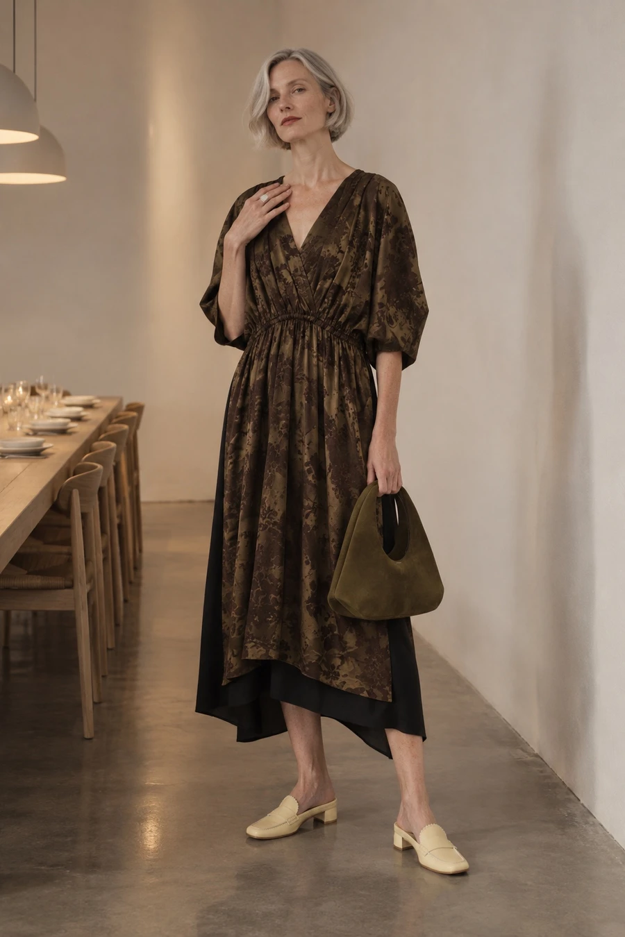 A silver haired woman in an olive MM6 brocade dress and yellow MM6 mules holds a Coperni suede bag, a Tom Wood ring on her hand, in a white gallery.