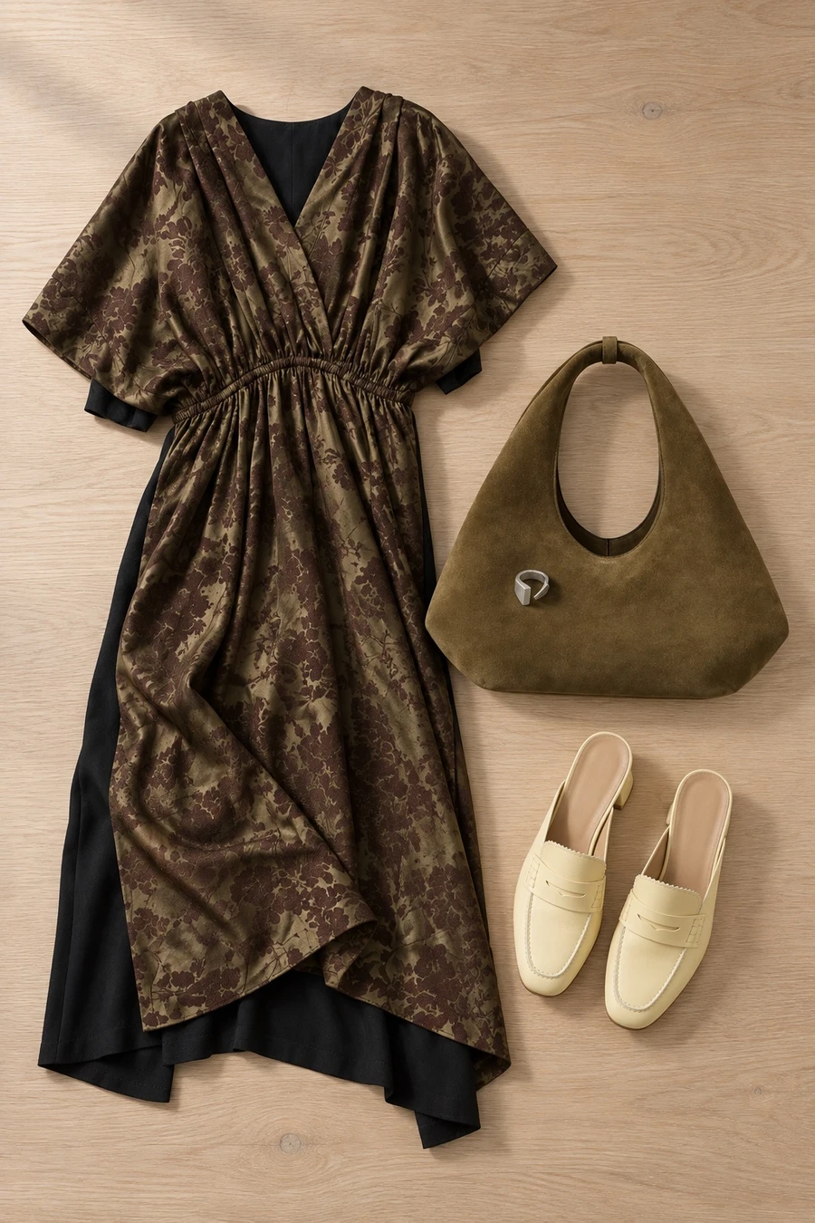 A gallery dinner. Flat lay of an olive MM6 Maison Margiela dress, an olive Coperni bag, yellow mules and a silver Tom Wood ring.