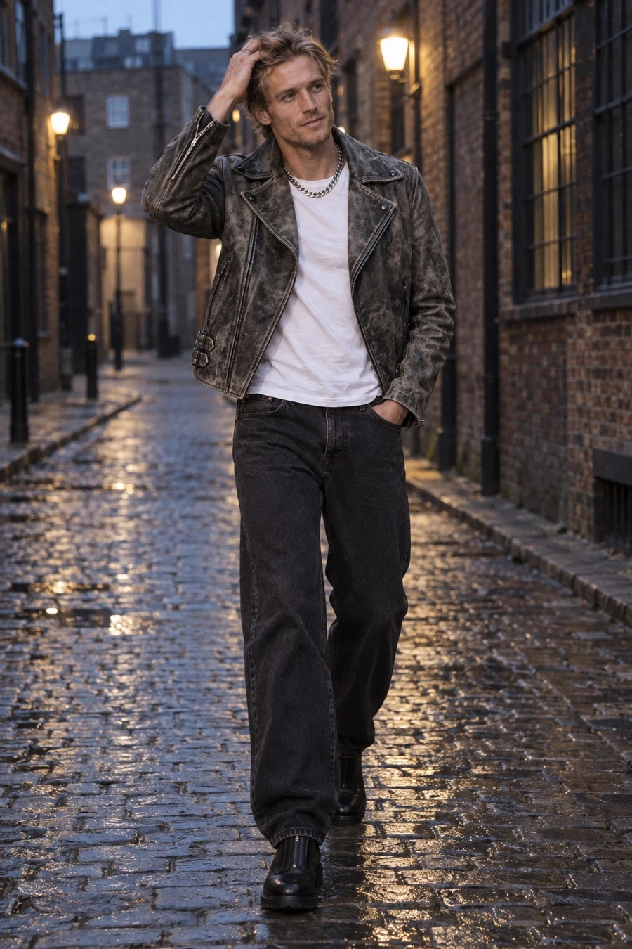 A Dutch man in a dark grey Diesel biker jacket, a white tee, black Nudie jeans and Dr. Martens zip boots walks down a cobbled London street at dusk.
