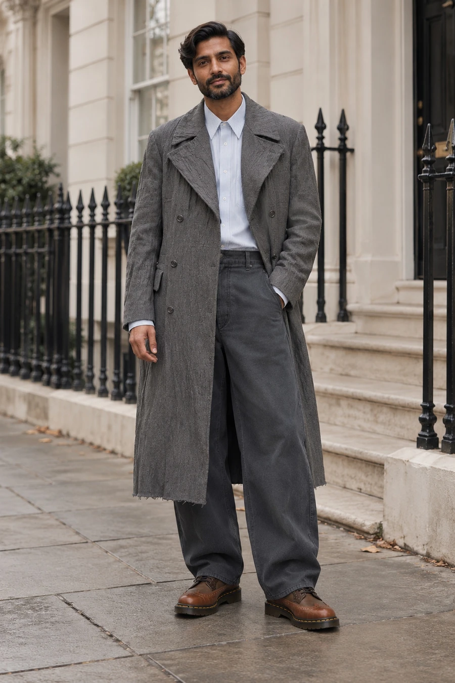 An adult man wears a long grey coat, a pale blue striped shirt and charcoal trousers with brown brogues in London.
