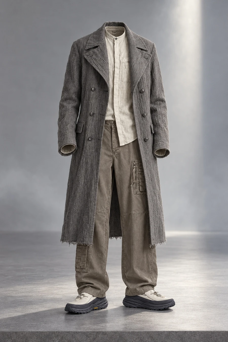 Grey Masnada coat over a pale shirt and swamp cargo trousers, with birch and charcoal Hoka loafers against a pale studio wall.