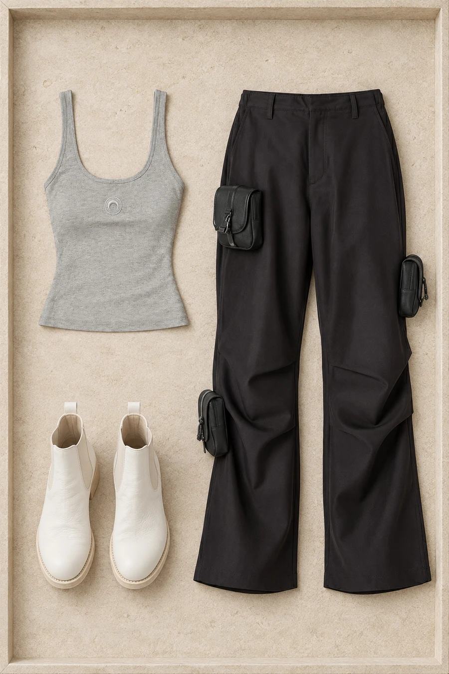 An overhead tray of Marine Serre Moon Logo Ribbed Jersey Cropped Tank Top Grey, Coperni Cargo Pants Blk, Guidi PL06 Chelsea Boot White.