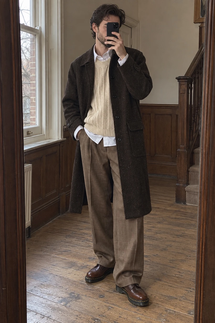 An English man photographs his reflection in a wood panelled hallway, wearing a brown Les Deux coat, a cream knit vest, Prince of Wales check trousers and Dr. Martens brogues.