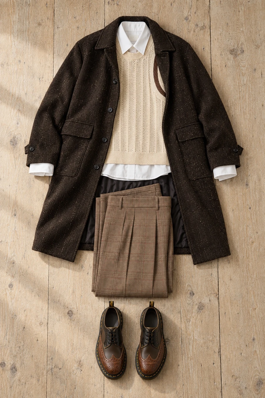 A herringbone coat for a fall dinner. Flat lay of a brown Les Deux coat, a white COOR shirt, a cream Drôle de Monsieur vest and brown trousers.