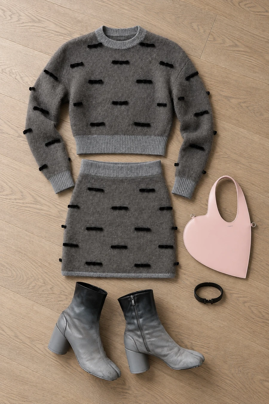 A holiday party in Brooklyn. Flat lay of a grey Nina Ricci sweater, a grey skirt, grey MM6 ankle boots and a pink Coperni crossbody bag.