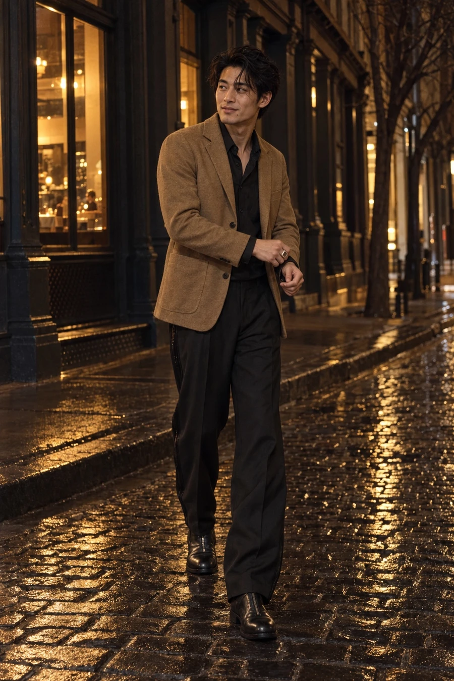 A Chinese American man in a camel Tiger of Sweden blazer, a black Balenciaga shirt, black Helmut Lang trousers and Guidi boots steps onto a Tribeca street at night.