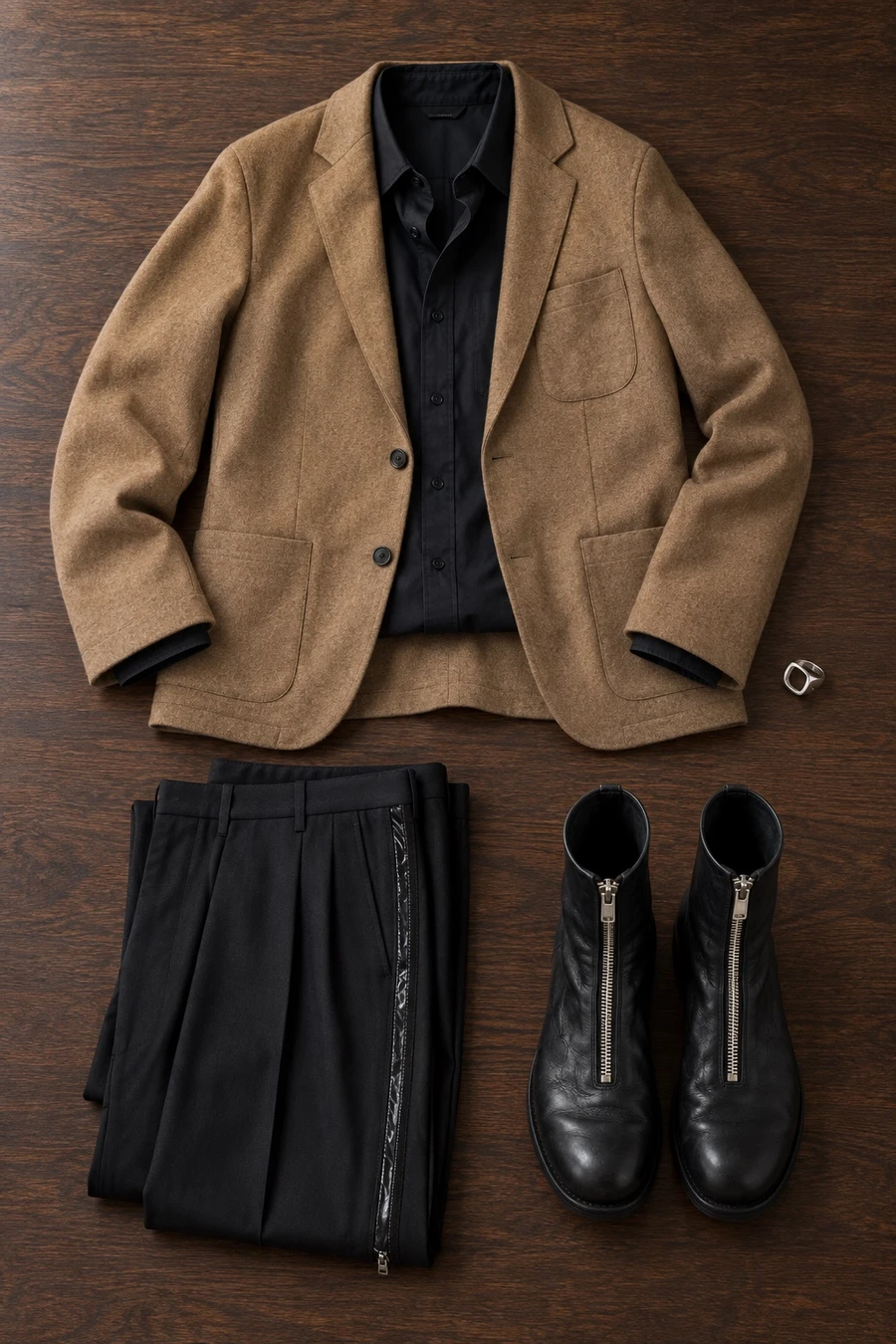 A late dinner in Tribeca. Flat lay of a camel Tiger of Sweden blazer, a black Balenciaga shirt and black Helmut Lang trousers.