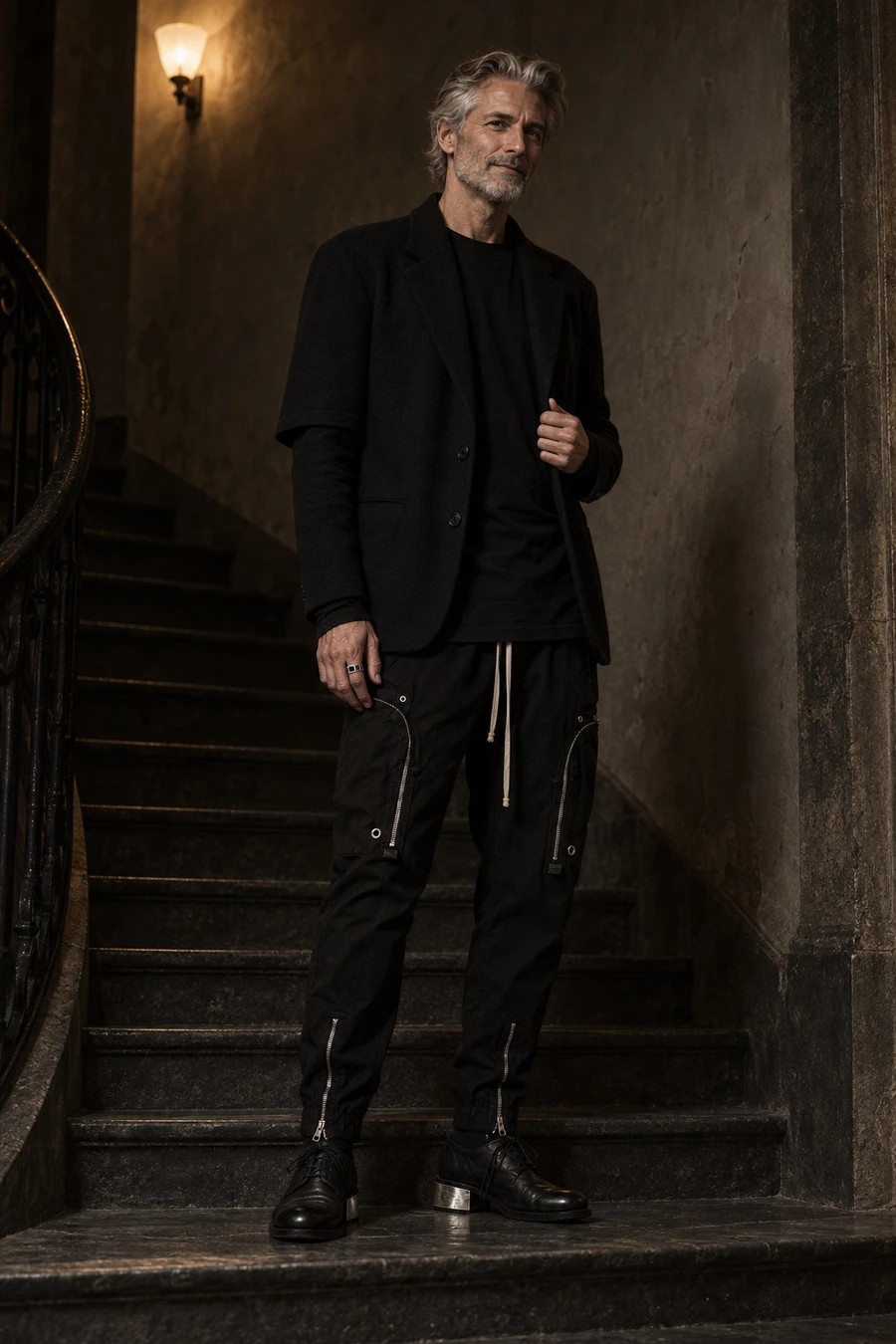 A silver haired man in a black Undercover blazer, a Rick Owens double layer T-shirt, black Rick Owens cargo pants and Guidi metal heel lace ups stands on a dark stone stair at night.