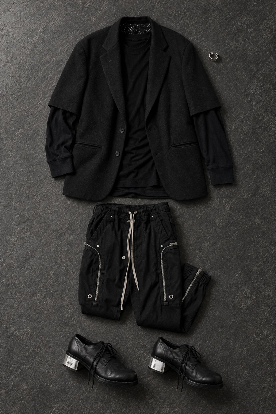 A late supper in black. Flat lay of a black Undercover blazer, a black Rick Owens T-shirt, black cargo pants and black Guidi loafers.