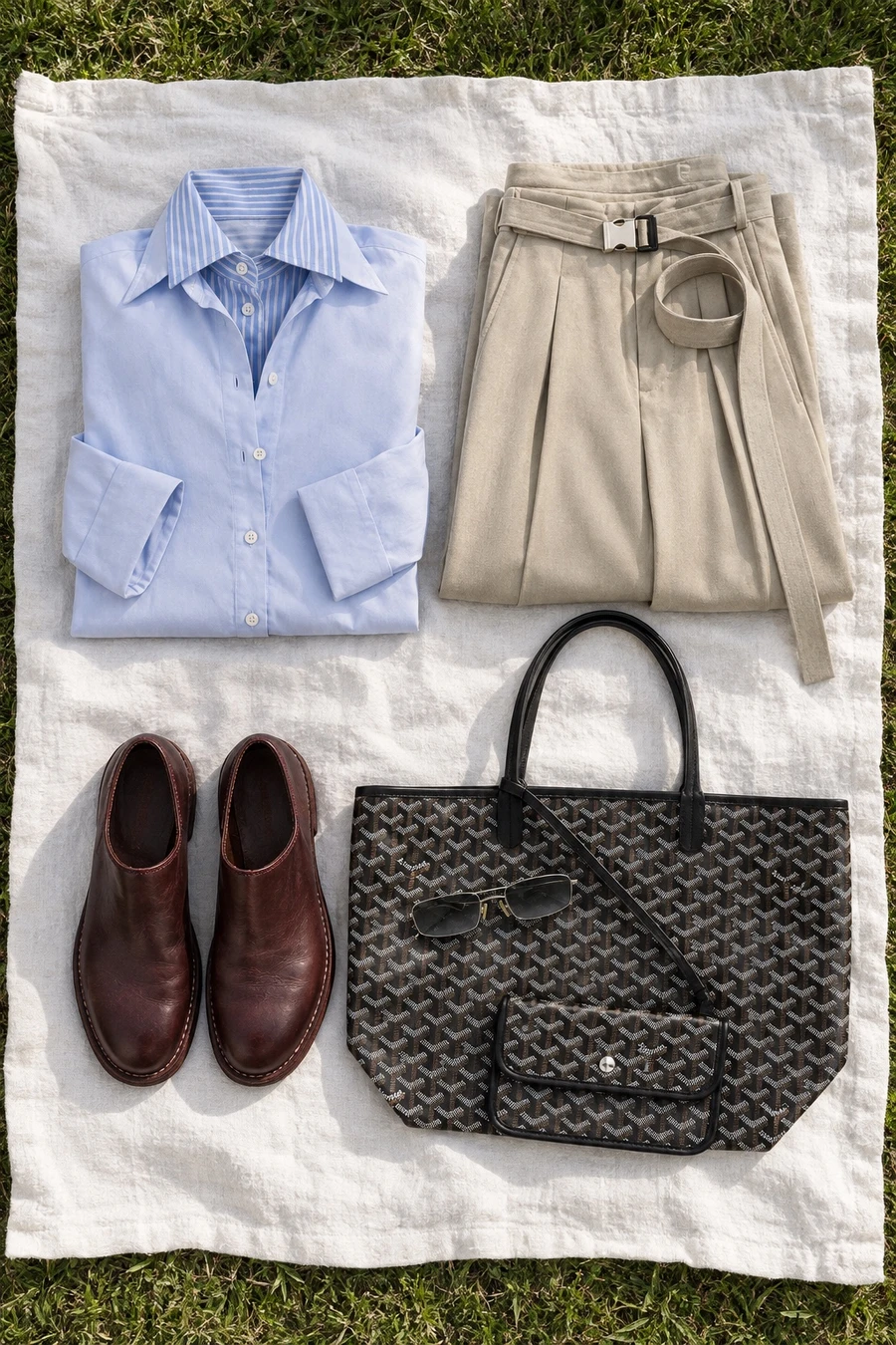A lawn in the Hamptons. Flat lay of a pale blue Litkovska shirt, sand UJOH trousers, burgundy Guidi shoes and a black Goyard tote.