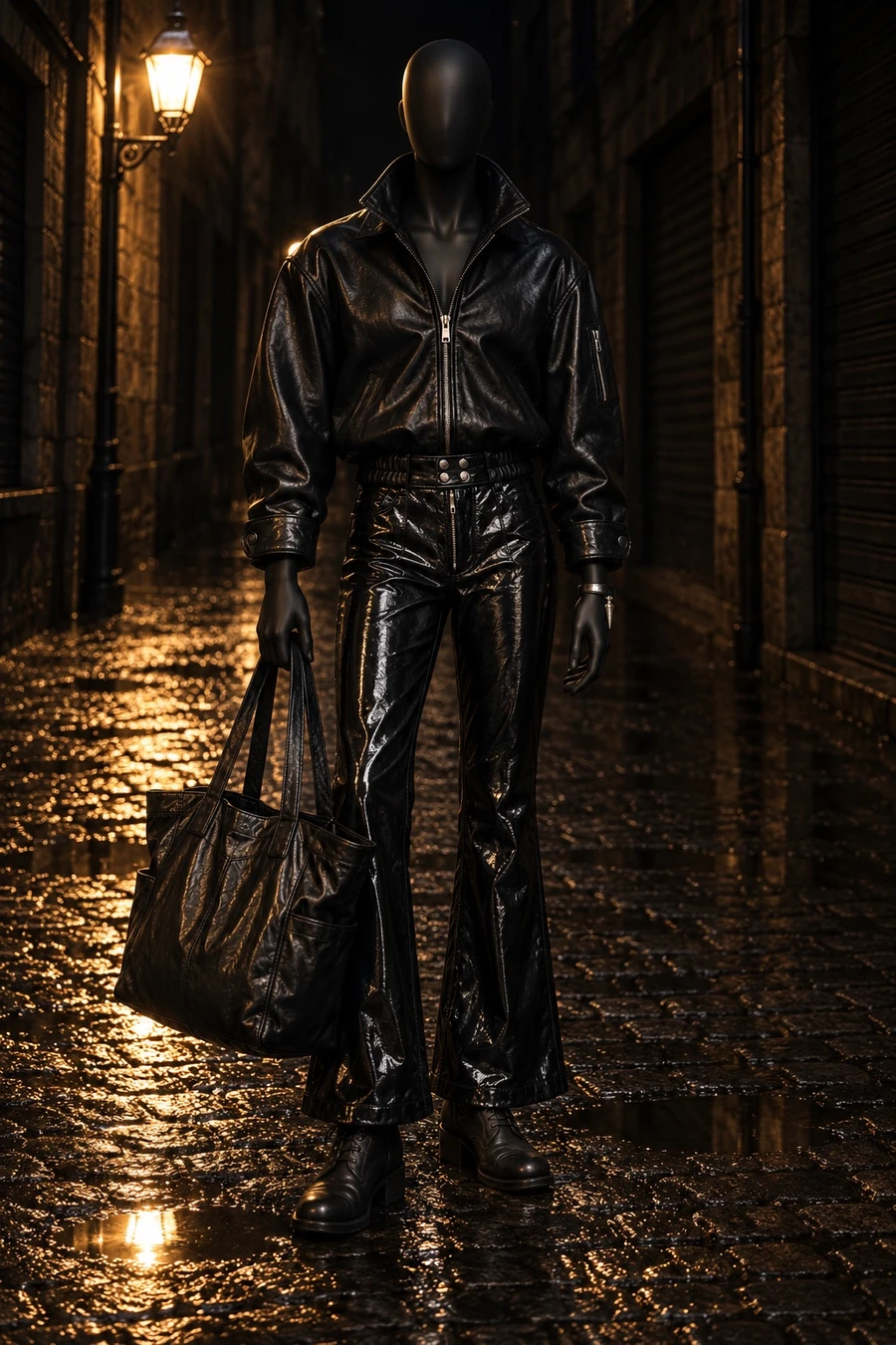 A black display mannequin in a Kody Phillips leather bomber, Ellery patent trousers and Guidi boots, holding a COOR tote, on a wet street at night.
