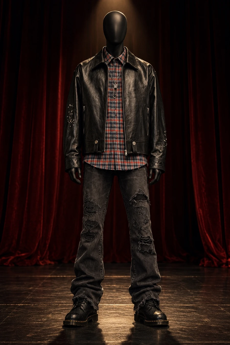 A faceless black mannequin in a DOMREBEL leather jacket, a check flannel, ripped Purple Brand jeans and Dr. Martens stands before a velvet stage curtain.