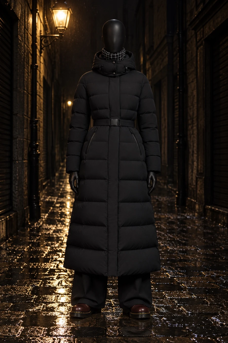 A black display mannequin in a long belted Mackage puffer, wide Nina Ricci trousers, MM6 x Dr. Martens boots and a silk scarf on a wet lane at night.