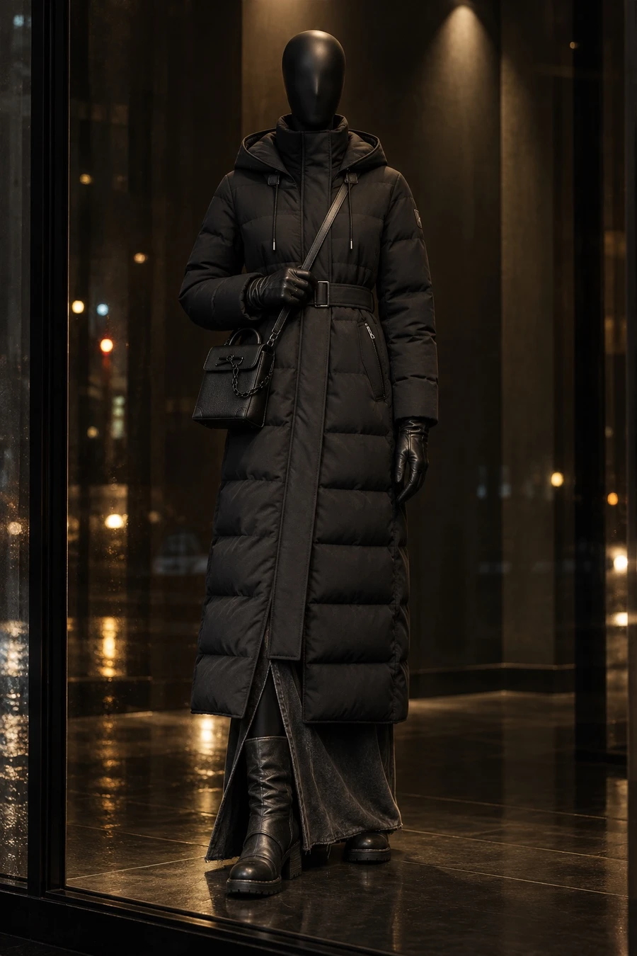 A black display mannequin in a long belted Mackage down coat over an Ottolinger skirt, with Guidi boots, COOR gloves and a Louis Vuitton bag, in a window at night.