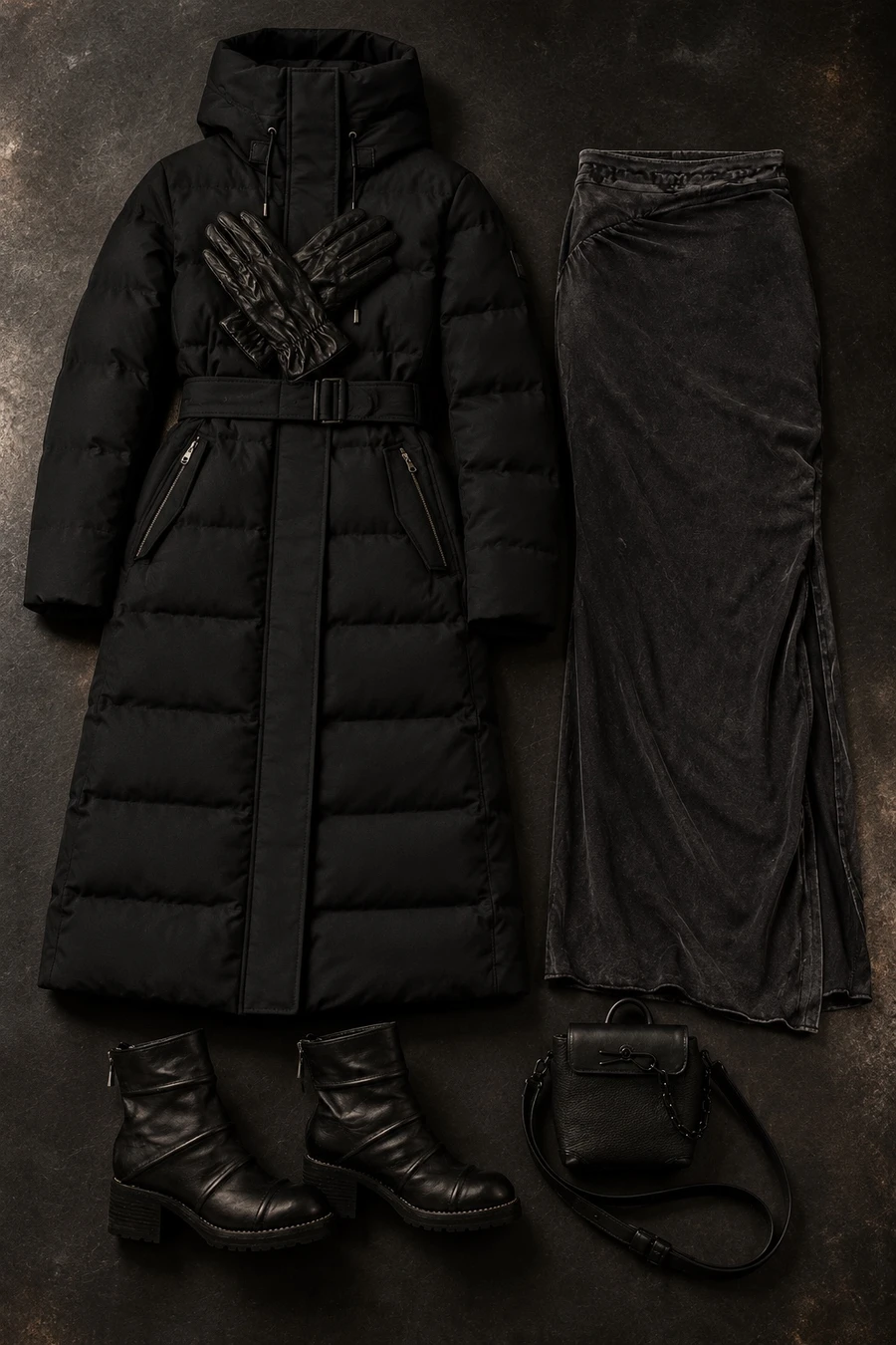 A long black puffer in the rain. Flat lay of a black Mackage parka, a black Ottolinger skirt, black Guidi boots and a black Louis Vuitton bag.
