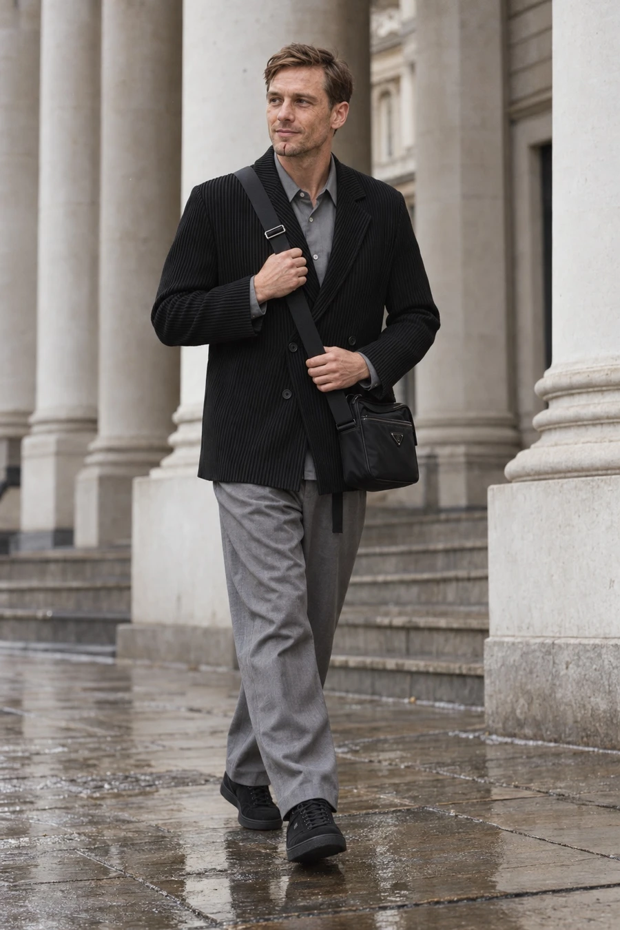 An English man in a black Homme Plissé double breasted blazer, grey UJOH shirt and trousers and black Louis Vuitton trainers crosses the City of London with a Prada bag.