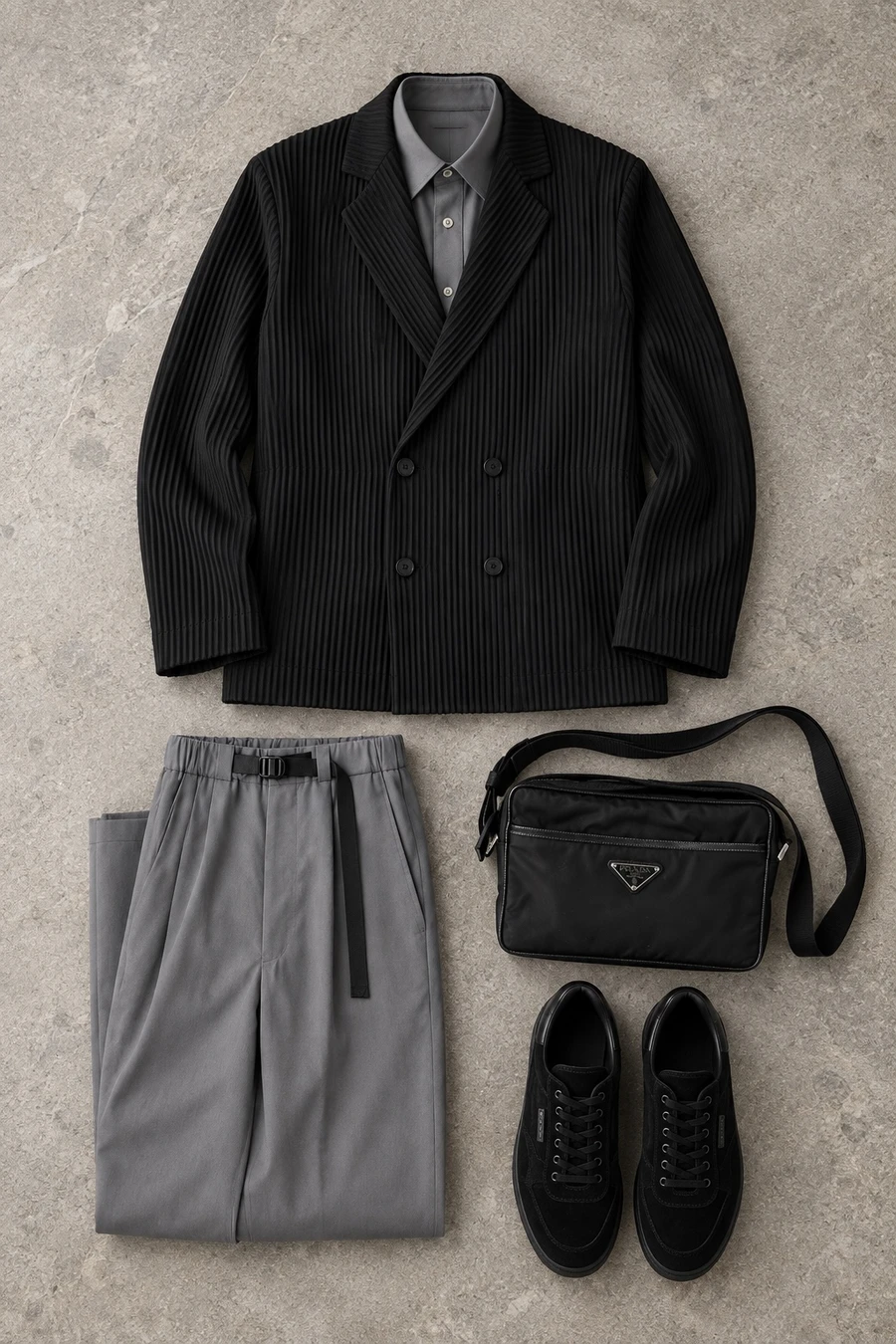 A Monday in the City of London. Flat lay of a black Issey Miyake blazer, a grey UJOH shirt, grey trousers and black Louis Vuitton sneakers.