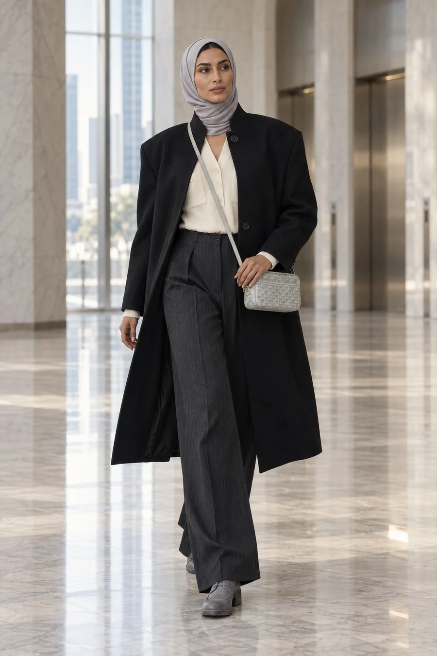 An Emirati woman in a dove grey hijab wears a black Litkovska coat, cream MM6 knit, pinstripe trousers, grey Guidi derbies and a Goyard bag in a Dubai marble lobby.