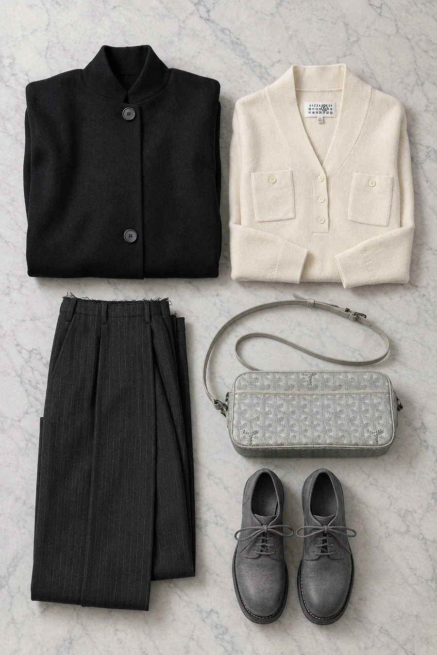 Flat lay of a black Litkovska coat, a cream MM6 top, charcoal trousers and slate grey Guidi derbies.