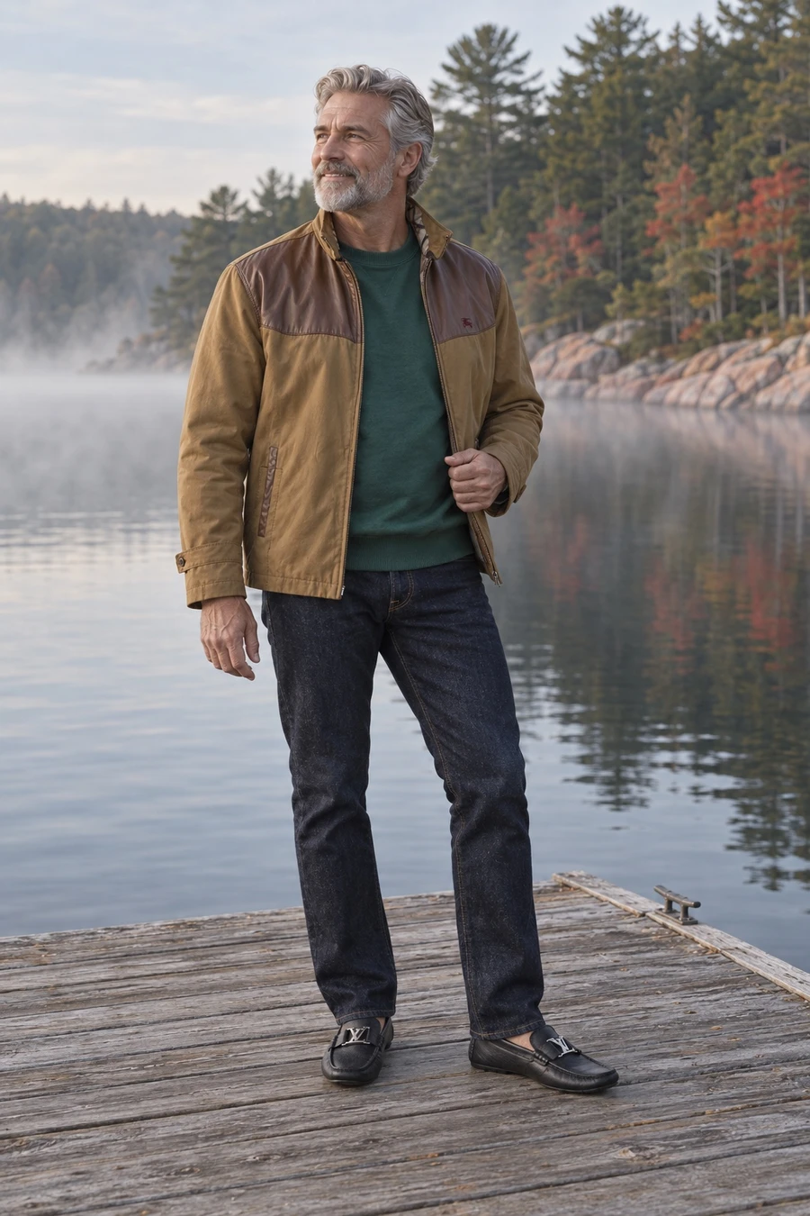A silver haired man in a tan Burberry jacket, a pine green Aimé Leon Dore crewneck, dark Kapital jeans and Louis Vuitton moccasins stands at the end of a Muskoka dock in the morning mist.