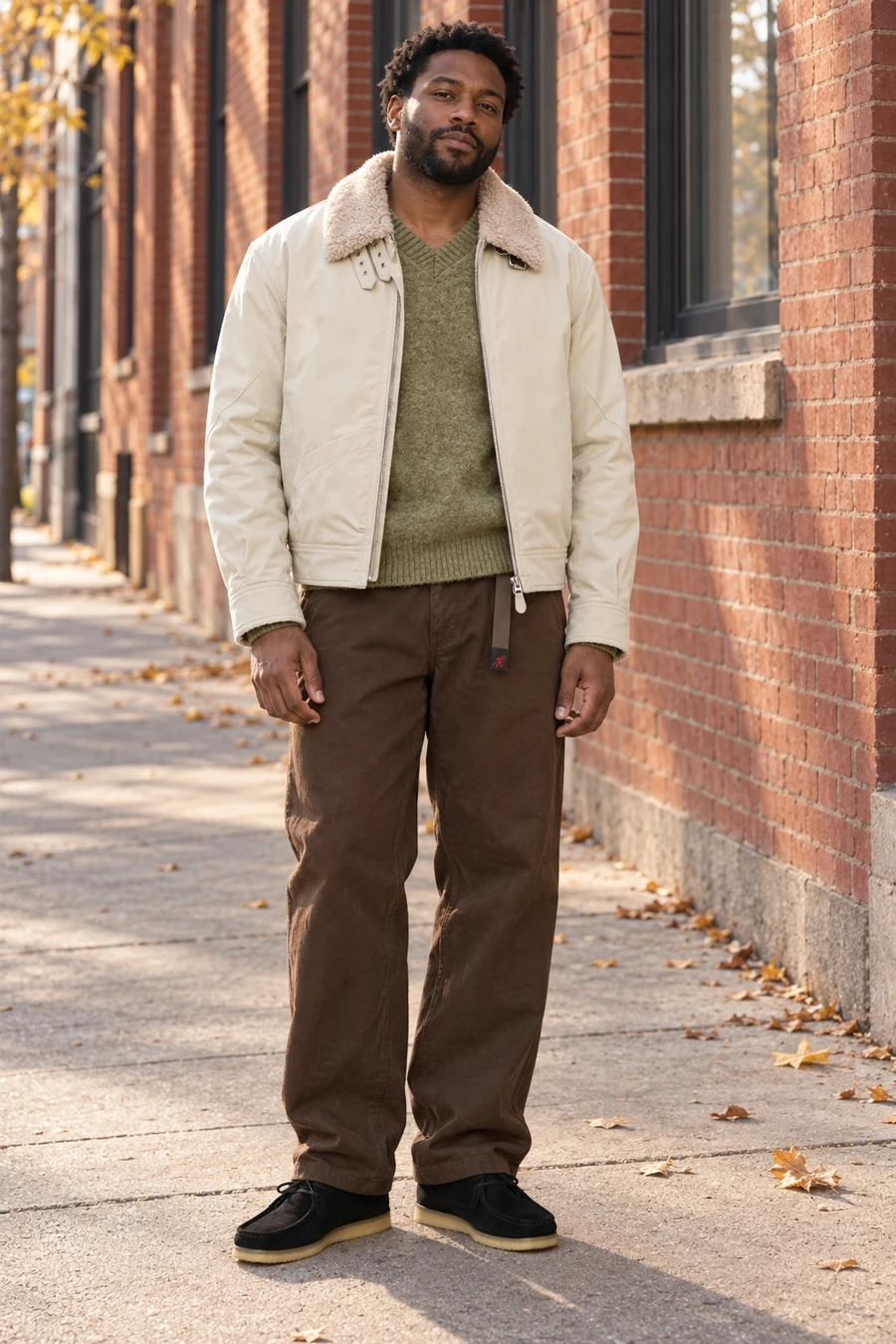 An adult man wears a natural flight jacket, moss green knitwear and brown trousers with black suede shoes in Toronto.