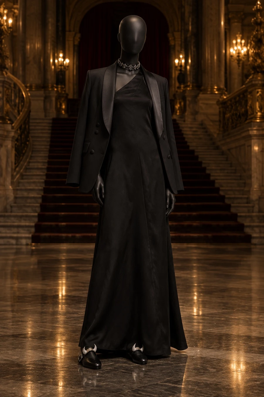 A black display mannequin in a RUOHAN halter gown and a Coperni tuxedo jacket, with Coperni horn Mary Janes and a Chrome Hearts chain, in a dark opera foyer.
