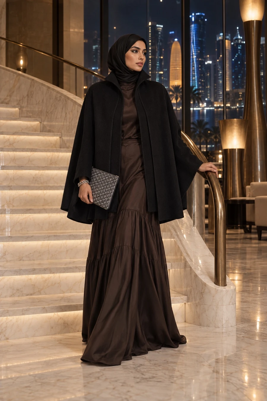 A Qatari woman in a black hijab wears a black RUOHAN cashmere cape jacket over a dark brown silk top and maxi skirt, with a grey Goyard pouch, on a hotel staircase in Doha.