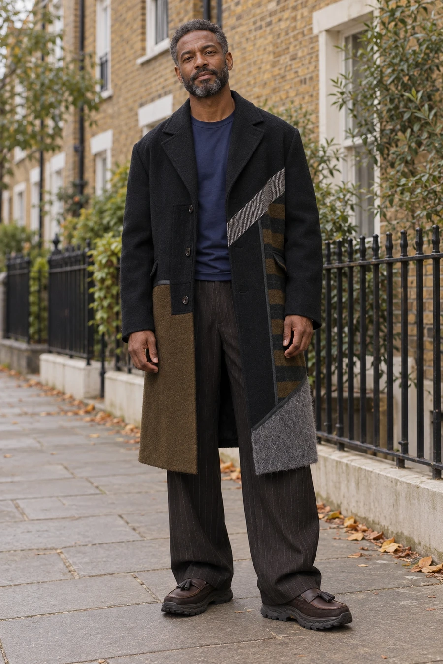 An adult man wears a patchwork wool coat, navy tee and brown striped trousers with dark tassel loafers in London.