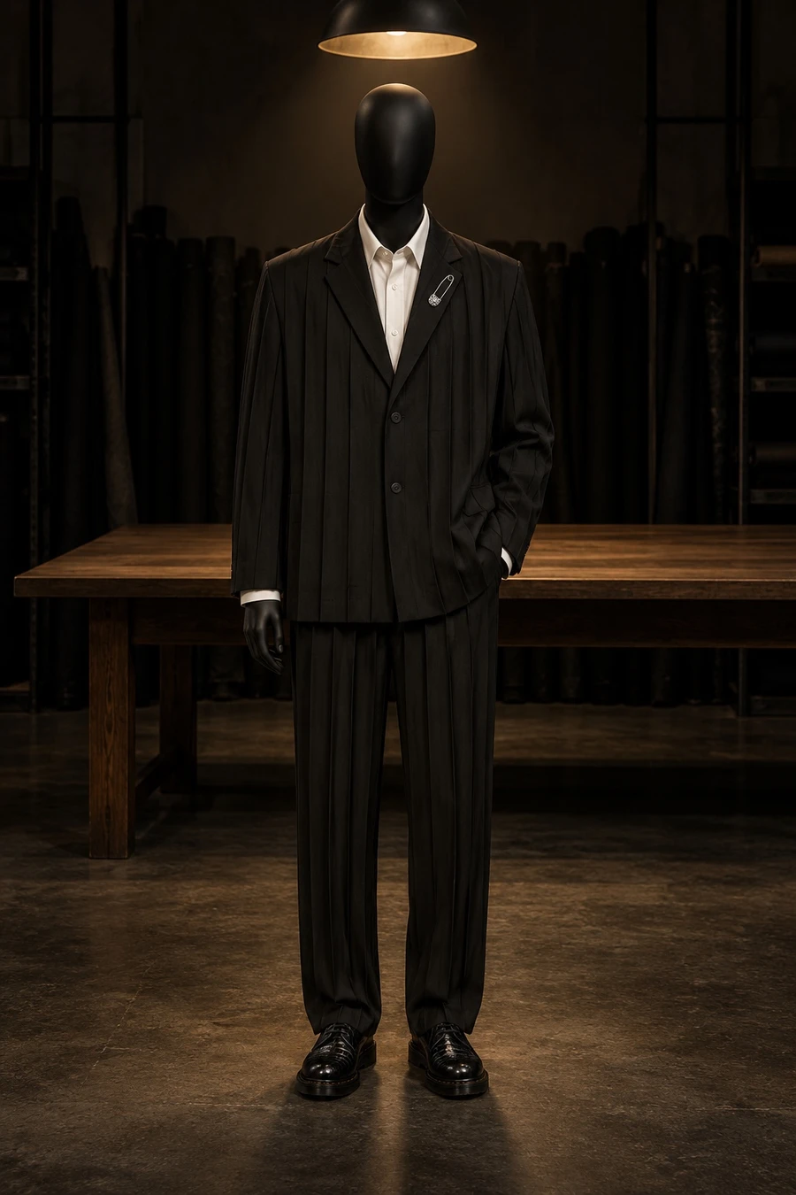 A faceless black mannequin in a black Homme Plissé pleated suit, a white shirt and Dr. Martens croc derbies stands at a long table in a dark tailor's workroom.