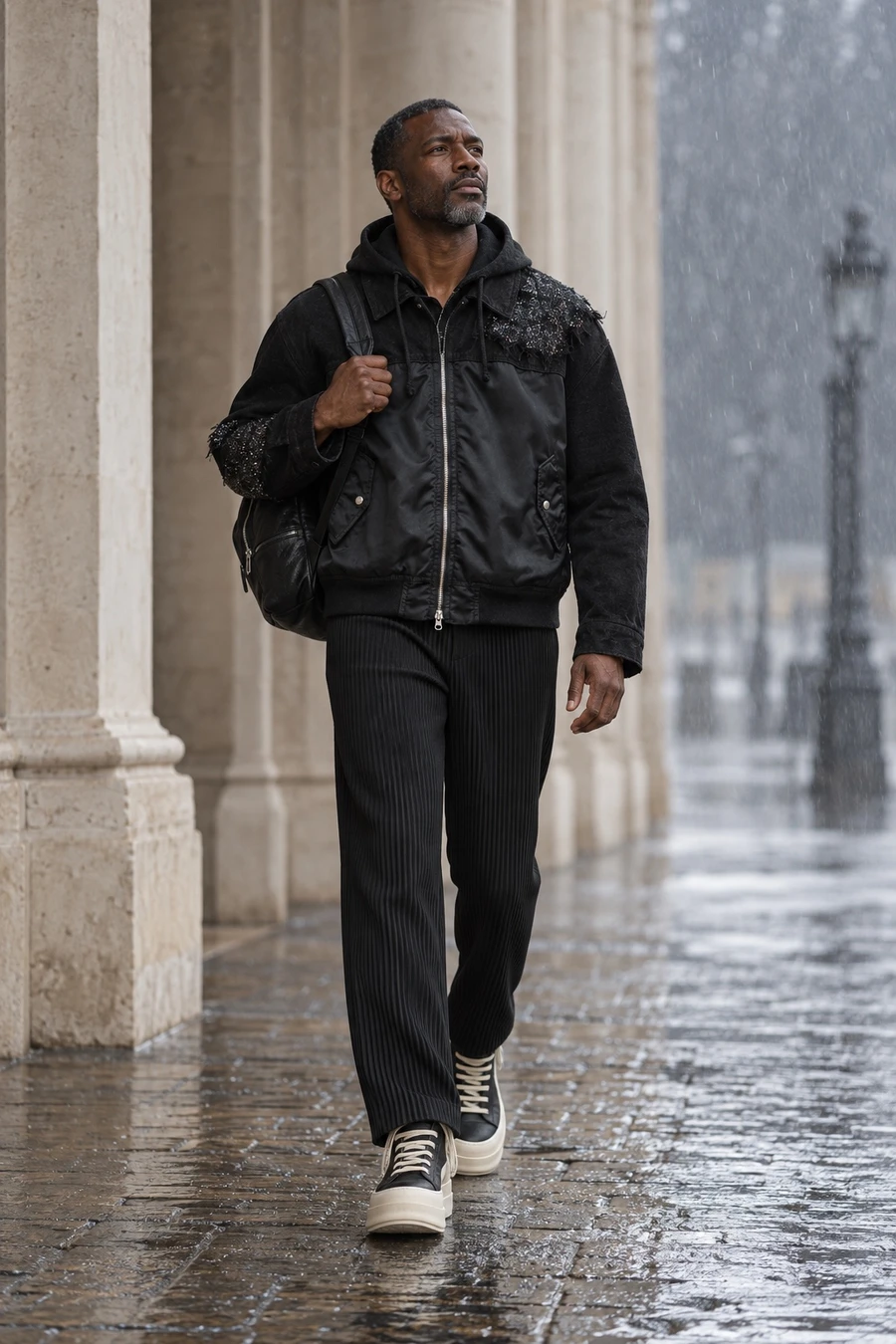 A man in a black Song for the Mute hooded jacket, black Homme Plissé pleated trousers and Rick Owens Geobaskets walks out of a stone colonnade into the rain with a Guidi backpack.