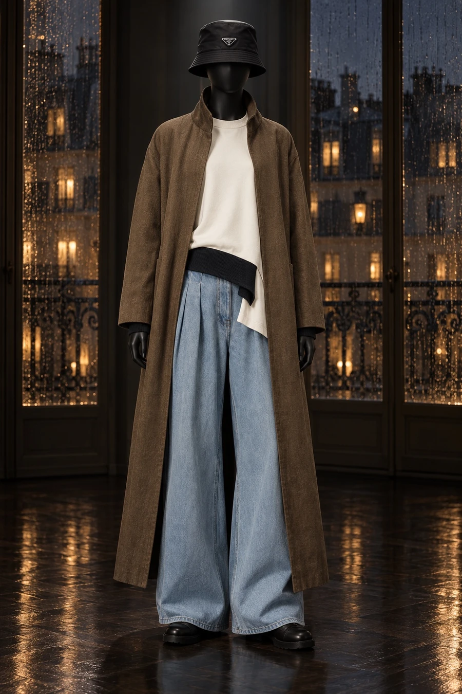 A black display mannequin in a long RUOHAN elm coat, an off white Sulvam knit, pale blue Nina Ricci jeans, black Guidi boots and a black Prada bucket hat in a dark Paris flat on a rainy night.