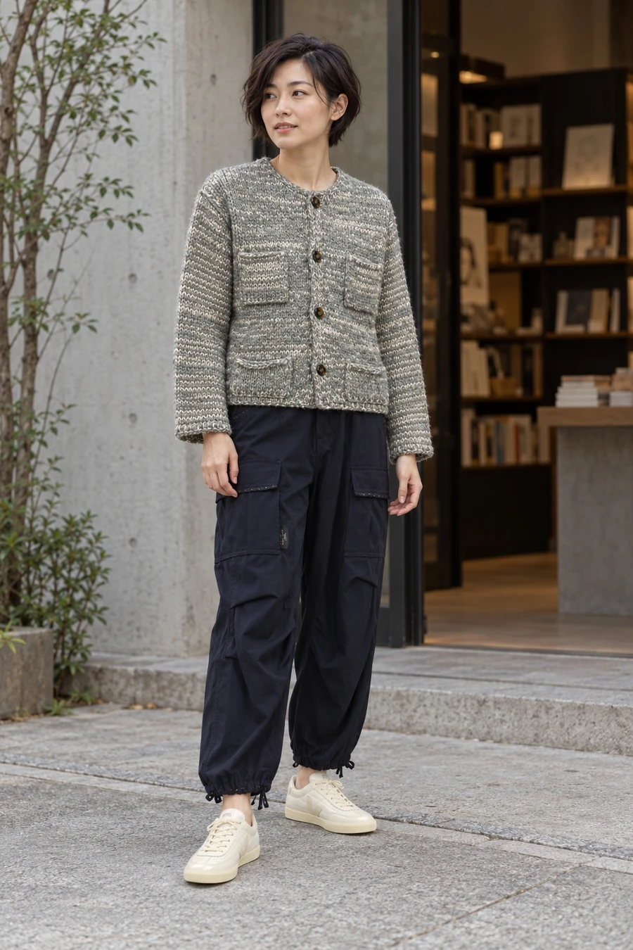 An adult woman wears a sage Magliano cardigan, navy Undercover cargos and cream Veja trainers in Tokyo.