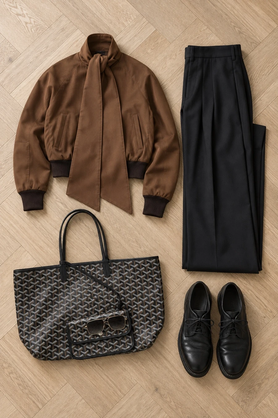 A Saturday on Avenue Montaigne. Flat lay of a chocolate brown Nina Ricci jacket, black trousers, a black Goyard tote and black Guidi derbies.