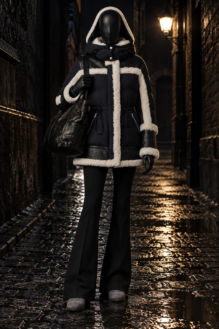 A black display mannequin in a Mackage parka trimmed in cream shearling, Helmut Lang flares and grey Guidi suede boots, a COOR tote on its shoulder, on wet cobbles.