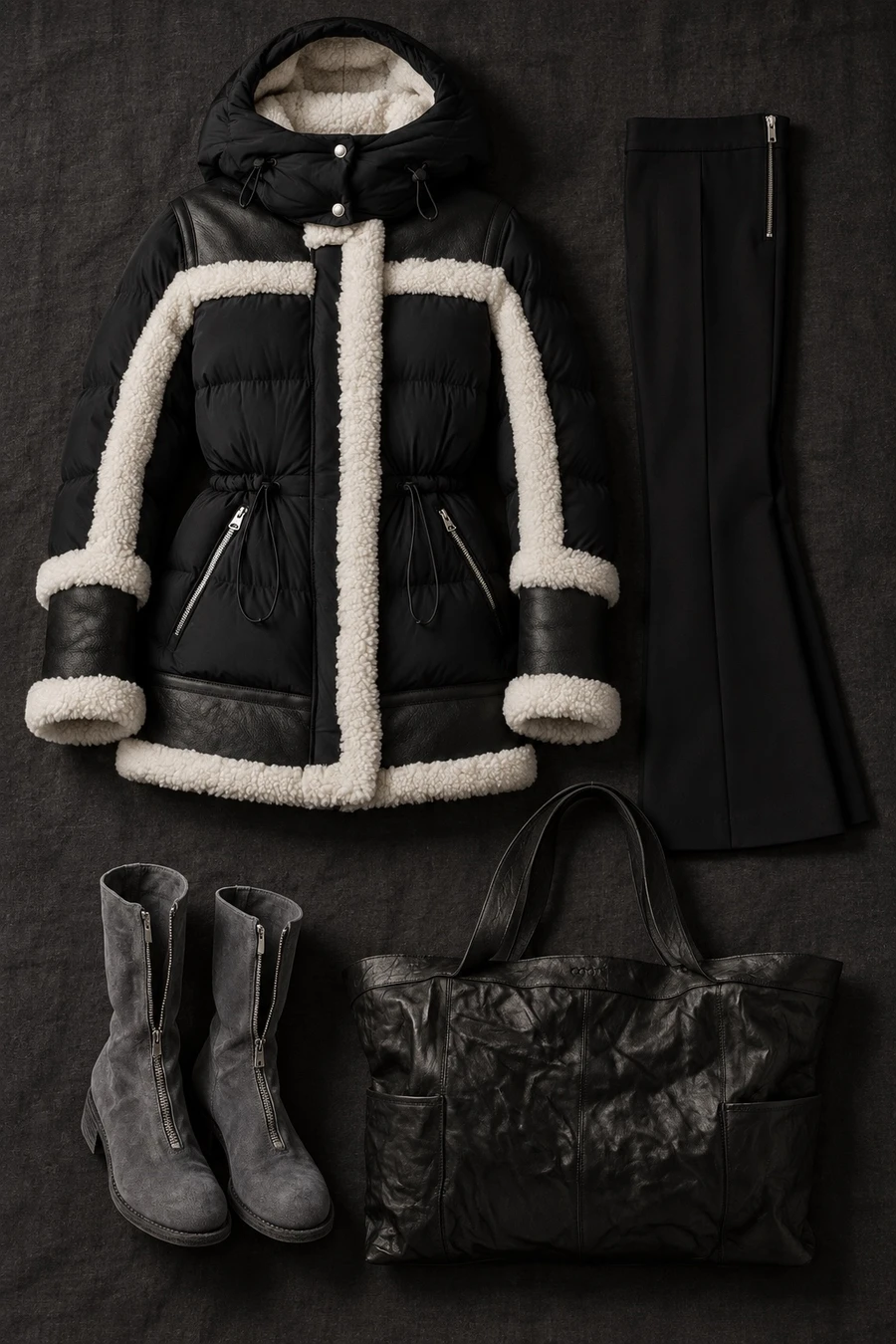 A shearling parka for the holiday market. Flat lay of a black Mackage parka, black Helmut Lang trousers, blue Guidi boots and a black COOR bag.