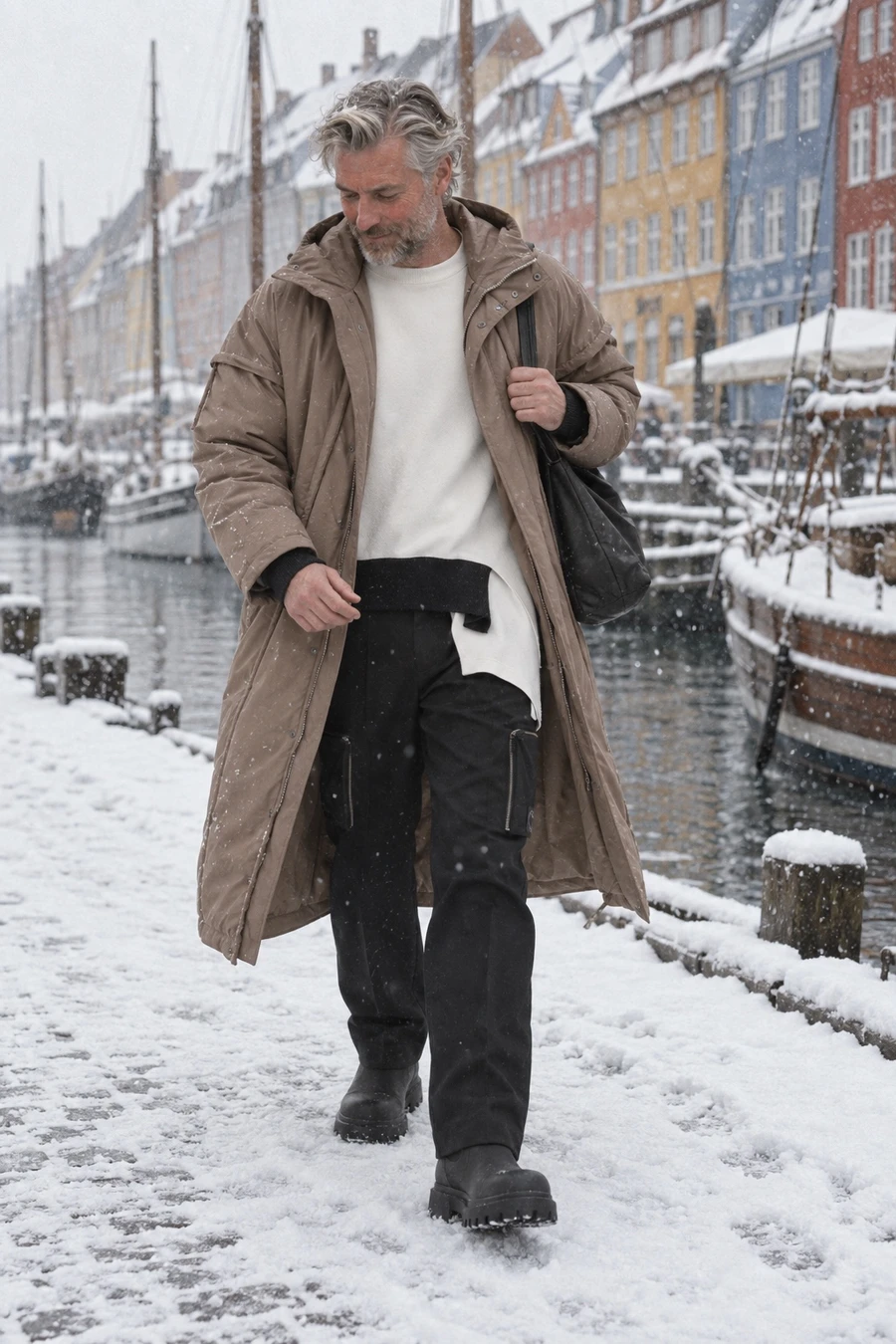 A silver haired Danish man in a taupe Homme Plissé coat, off white Sulvam knit, black Undercover trousers and Balenciaga boots walks along a snowy Nyhavn with a Guidi bag.