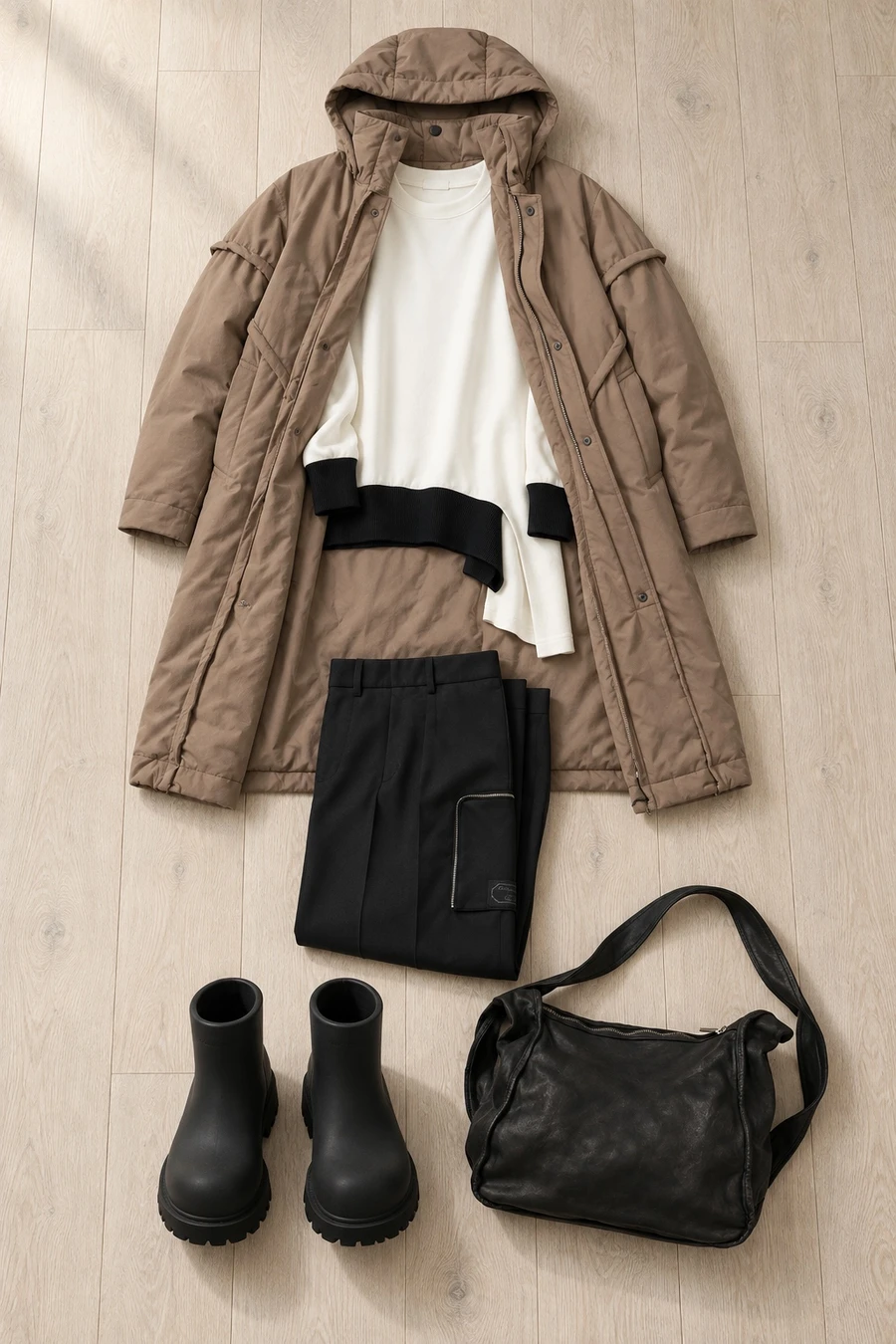 A snowy morning in Copenhagen. Flat lay of a light taupe and brown Issey Miyake coat, an off white Sulvam knit and black Undercover cargo pants.
