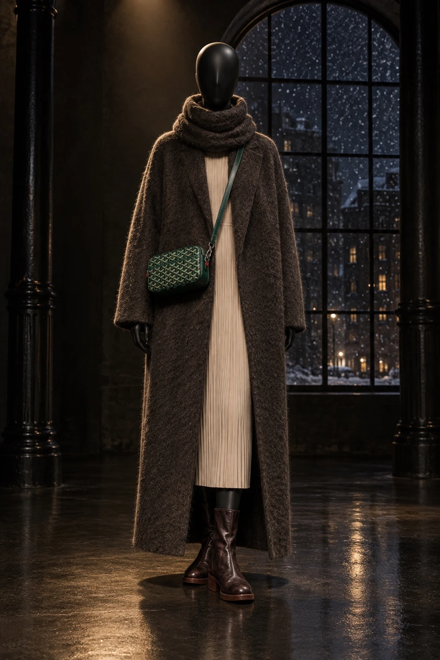 A black display mannequin in a RUOHAN umber alpaca coat and snood, a greige Pleats Please dress and oxblood Guidi boots, with a green Goyard Cap-Vert, in a dark SoHo loft.