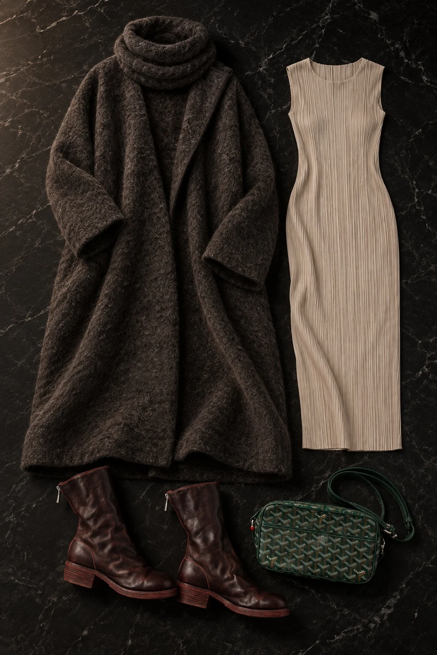 A snowy night in SoHo. Flat lay of an umber RUOHAN coat, a pale greige Issey Miyake dress and dark oxblood Guidi boots.