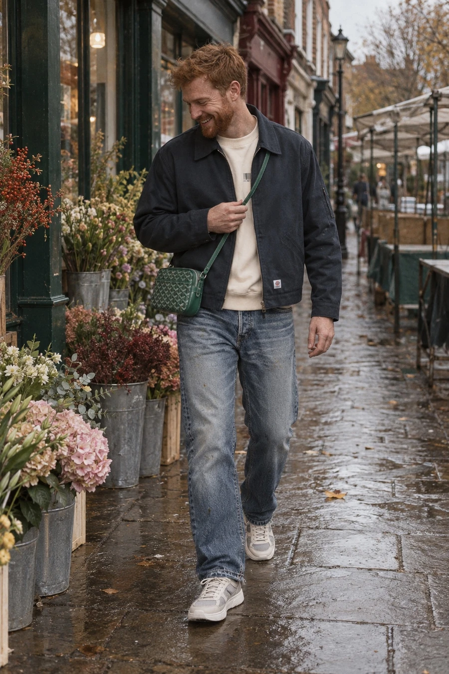 A Scottish man in a navy Undercover jacket, an ecru Helmut Lang crewneck, faded Gallery Dept. jeans and Prada sneakers walks down Columbia Road with a green Goyard bag.