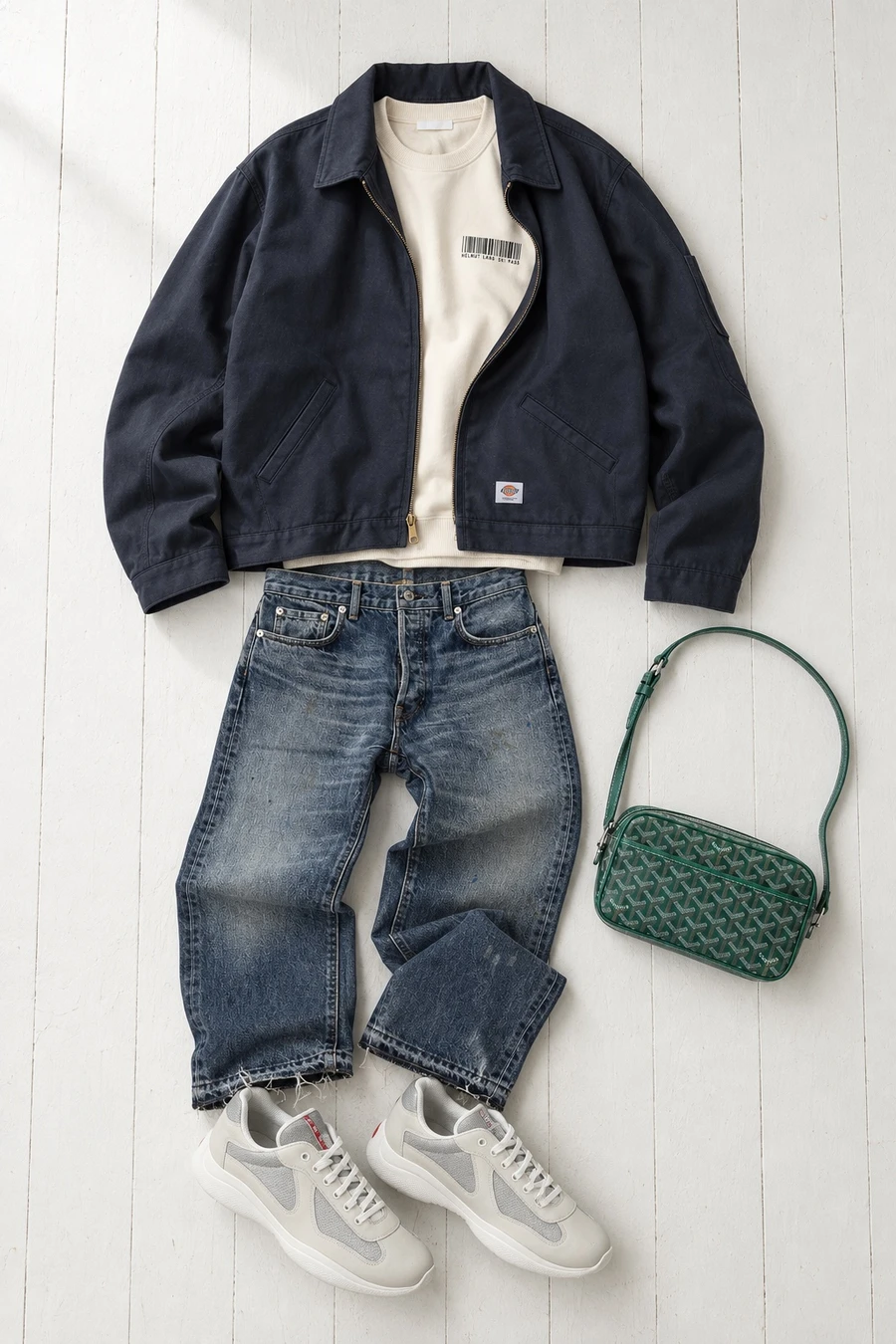 A Sunday at Columbia Road. Flat lay of a dark navy Undercover jacket, an ecru Helmut Lang sweatshirt and indigo Gallery Dept. jeans.