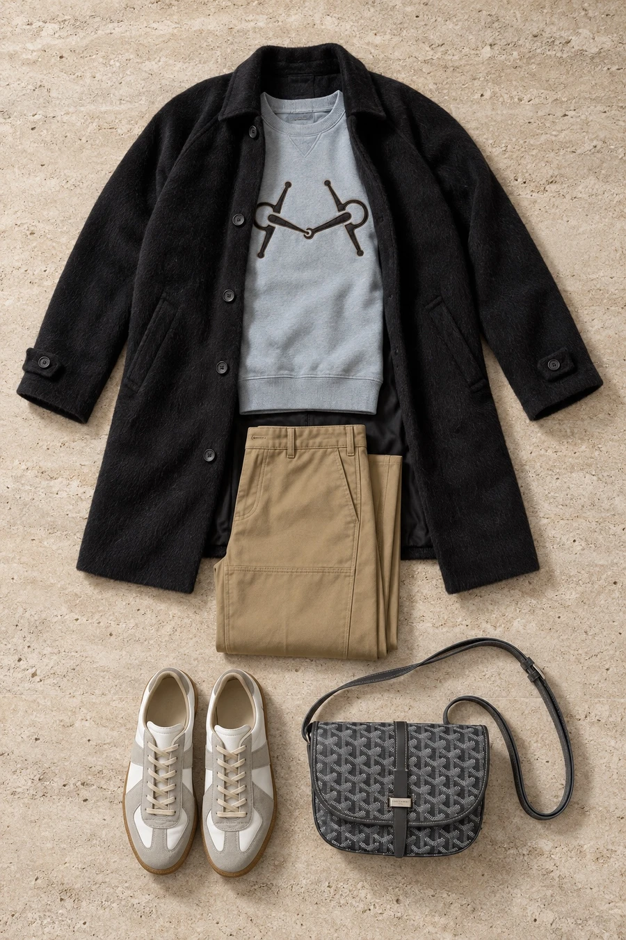 A Sunday in Brera. Flat lay of a black Supreme blazer, a blue Hermes sweatshirt and khaki Helmut Lang trousers.