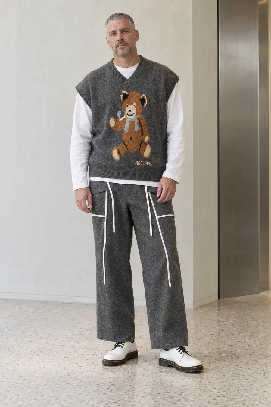 An adult man wears a teddy knit and grey piping in New York.