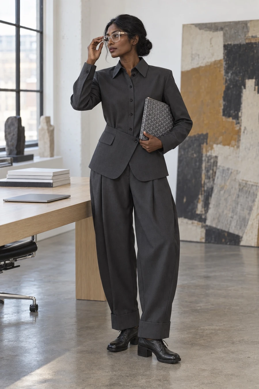 A Tamil Canadian woman in a graphite Litkovska blouse and barrel trousers, clear Chrome Hearts glasses and black Guidi derbies holds a grey Goyard pouch in a gallery office.