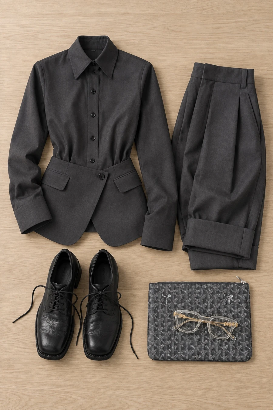 Flat lay of a graphite Litkovska blouse, graphite trousers, black Guidi derbies and a grey Goyard pouch.