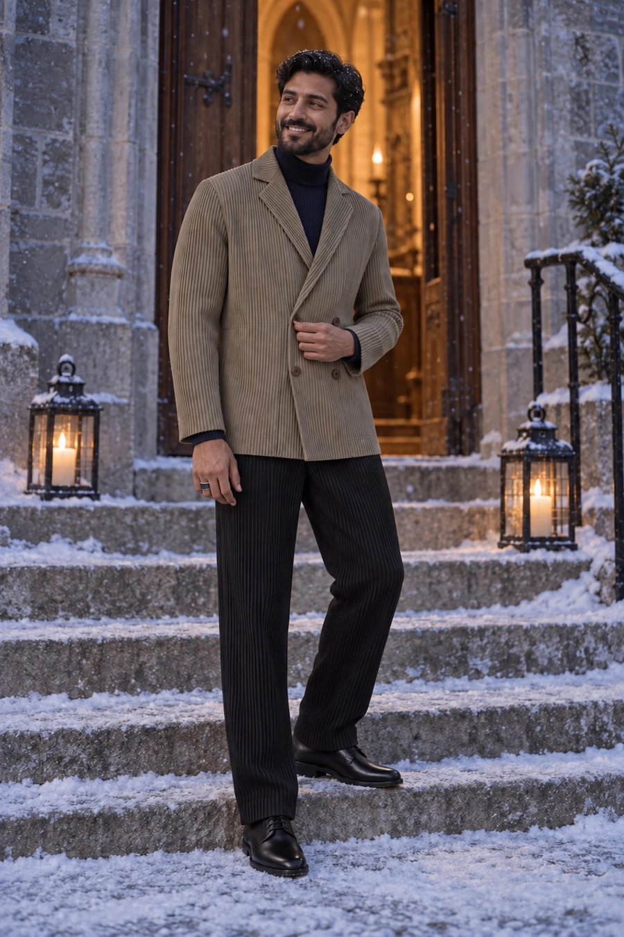 A British Pakistani man in a khaki grey Homme Plissé double breasted jacket, a navy turtleneck, black trousers and Louis Vuitton derbies stands on snowy chapel steps at dusk.