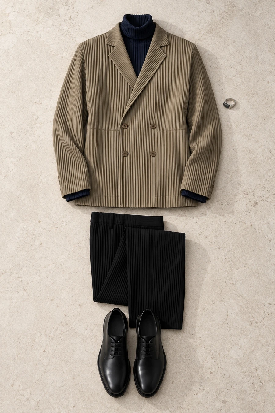A wedding in December. Flat lay of a grey Issey Miyake jacket, a navy turtleneck, black trousers and black Louis Vuitton derbies.