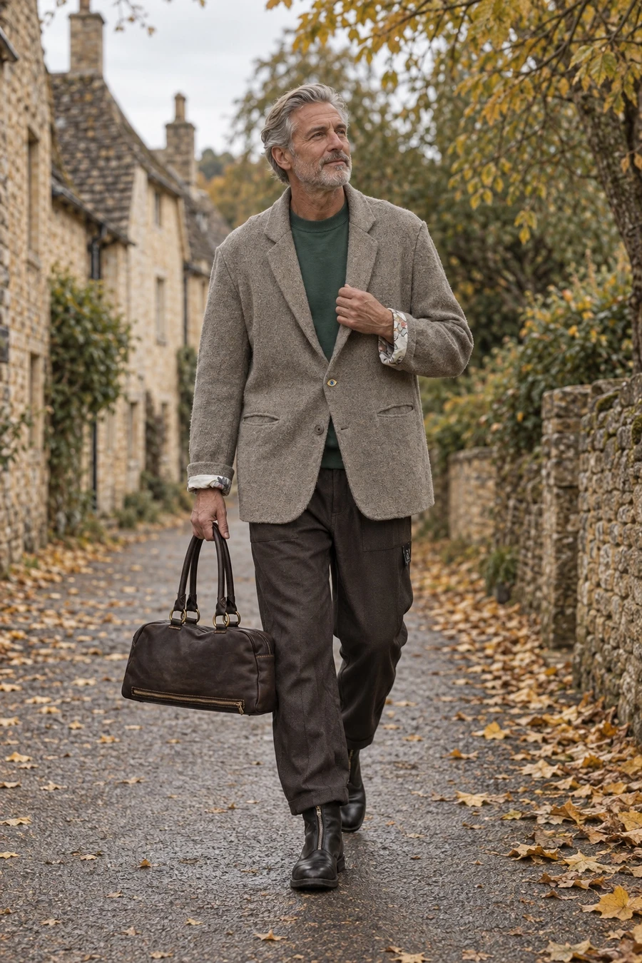 A silver haired English man in a grey beige Undercover blazer, a green Aimé Leon Dore crewneck and Guidi boots walks down a Cotswold lane with a Guidi bag.