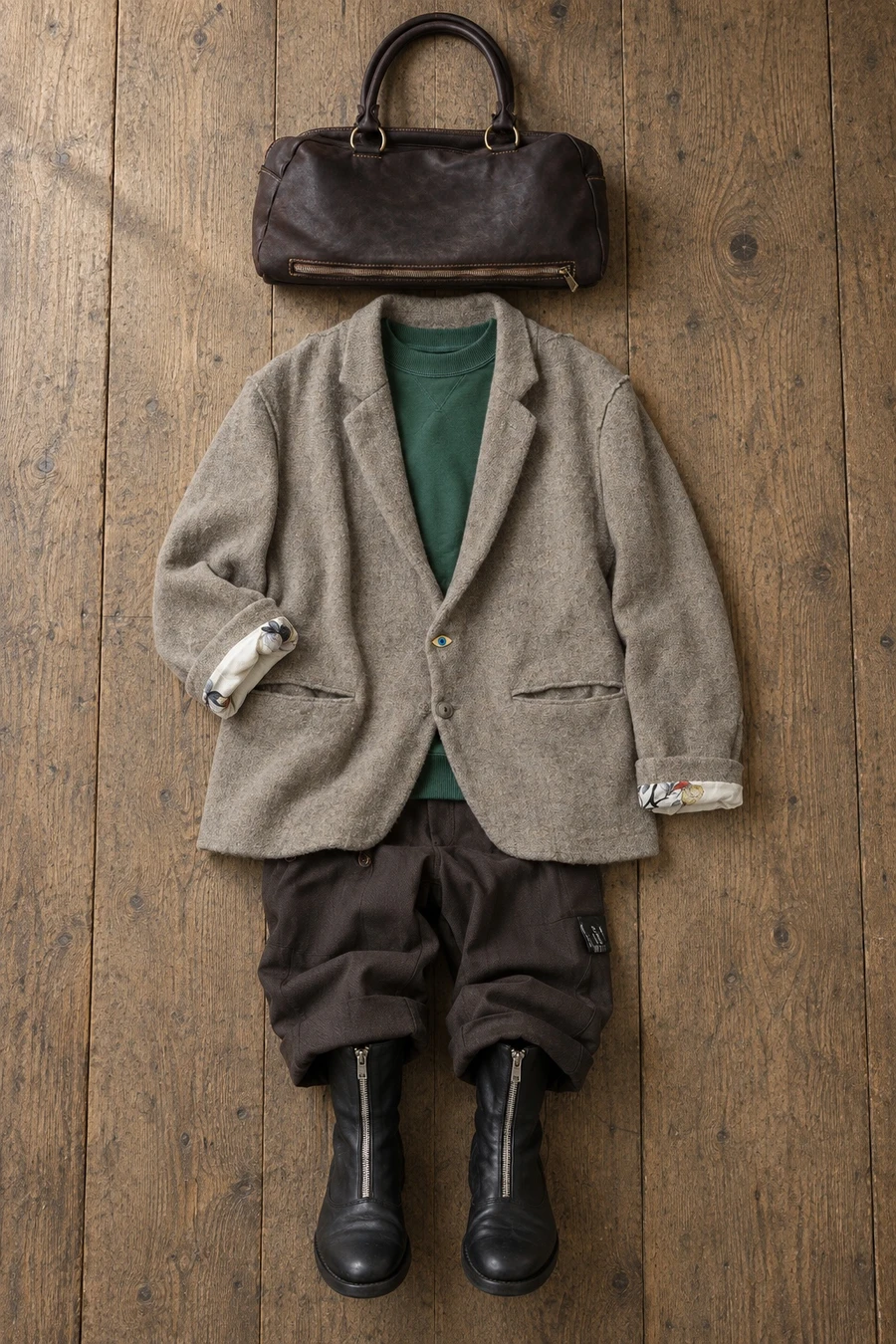 A weekend in the Cotswolds. Flat lay of a grey and beige Undercover blazer, a green Aime Leon Dore sweatshirt and brown trousers.